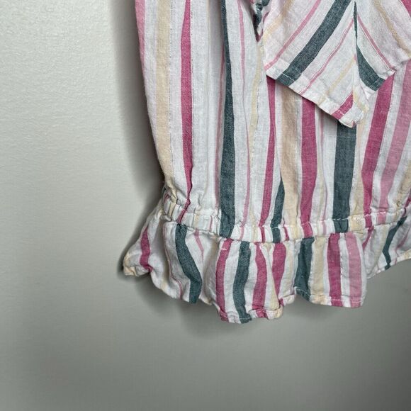 EXPRESS Top Women Small Striped Linen Cotton Crop Blouse Ruffle Sleeveless - Picture 4 of 11